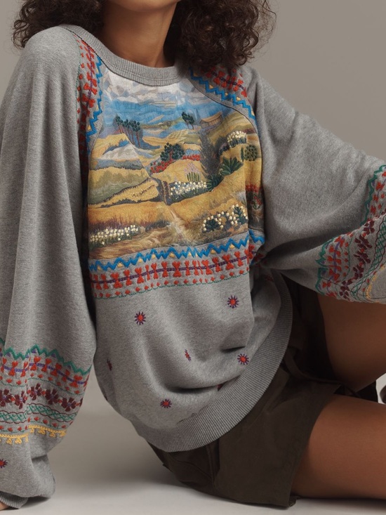 Anthropologie Tops - 🏜️Anthropologie Embroidered Pullover Sweatshirt Pilcro New Grey XL Landscape